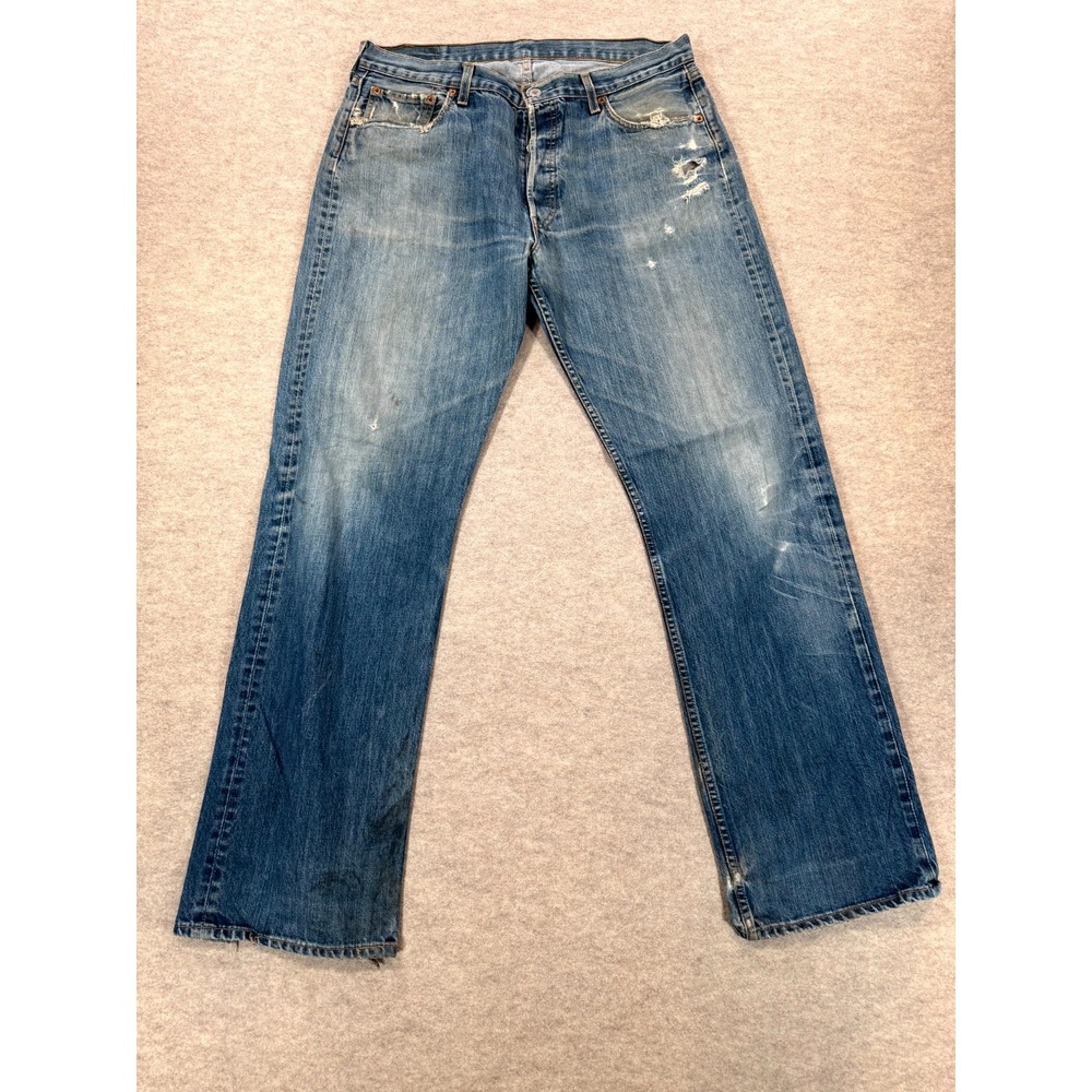 Levis 501 Straight Jeans Mens 36x34 Blue Whisker Distressed Vintage 00501-0162